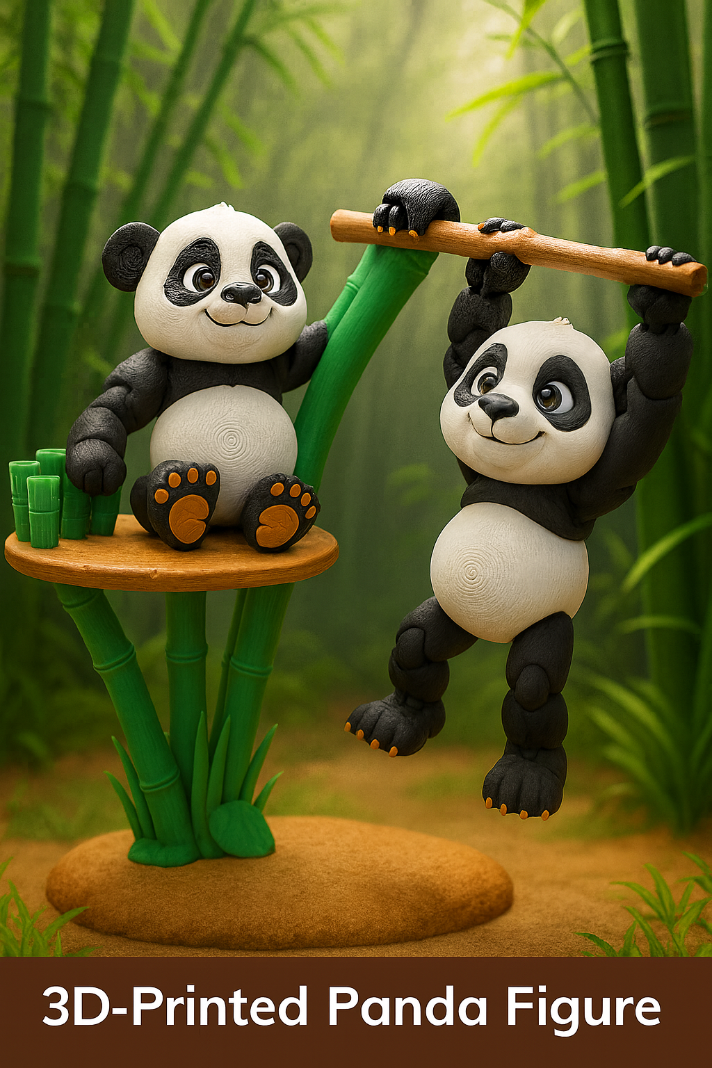 3D Printed Panda Figurines – Playful Collectible Panda Set with Bamboo Display