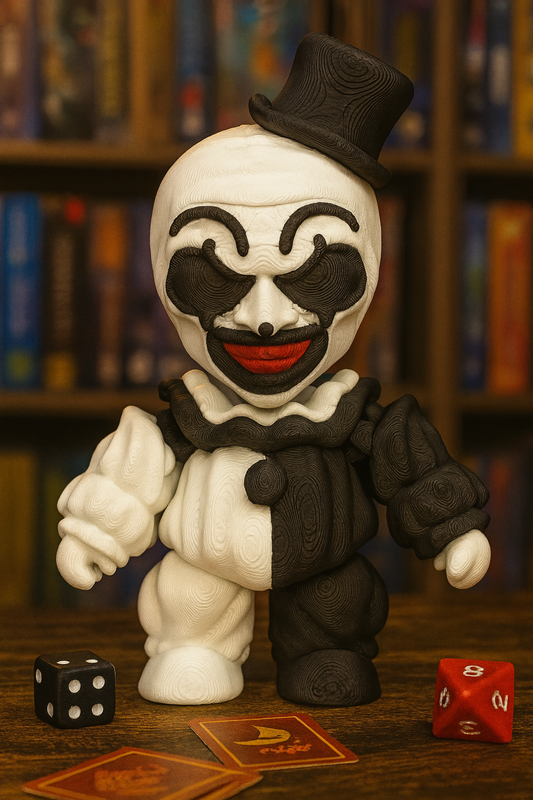 3D Printed Creepy Clown Figurine – Black & White Horror Collectible with Top Hat