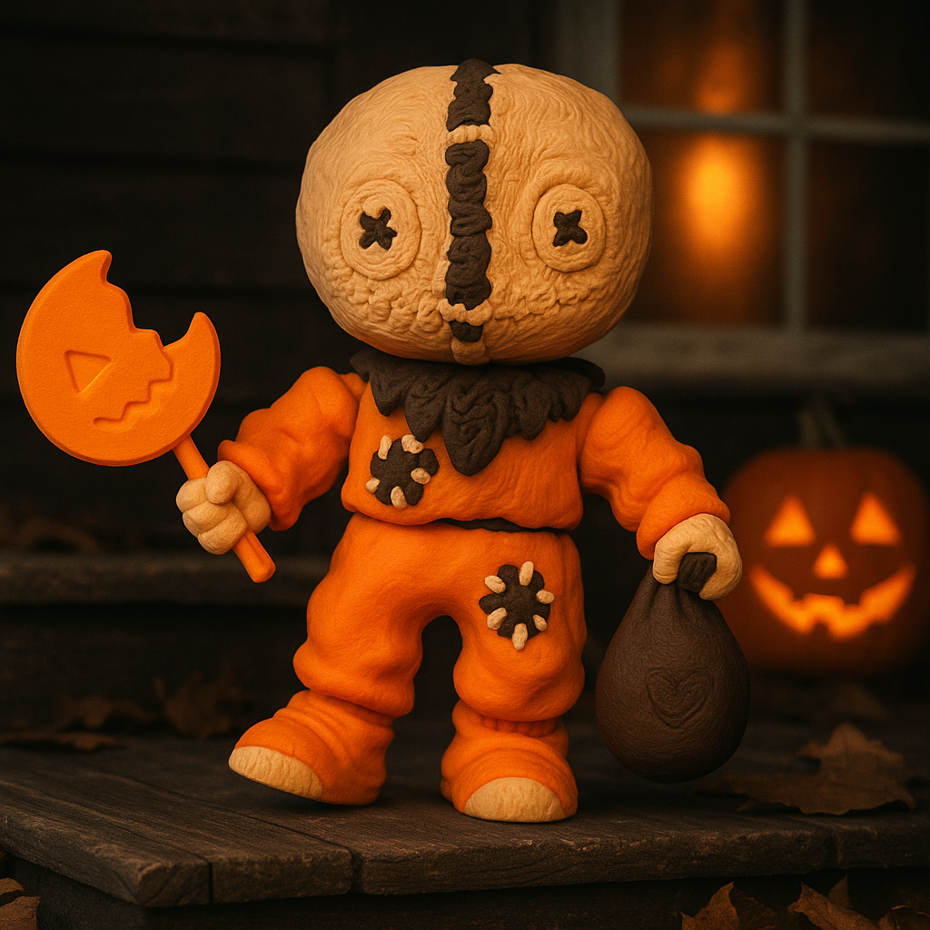 3D Printed Sam Halloween Figurine – Trick ’r Treat Collectible with Pumpkin Lollipop & Sack