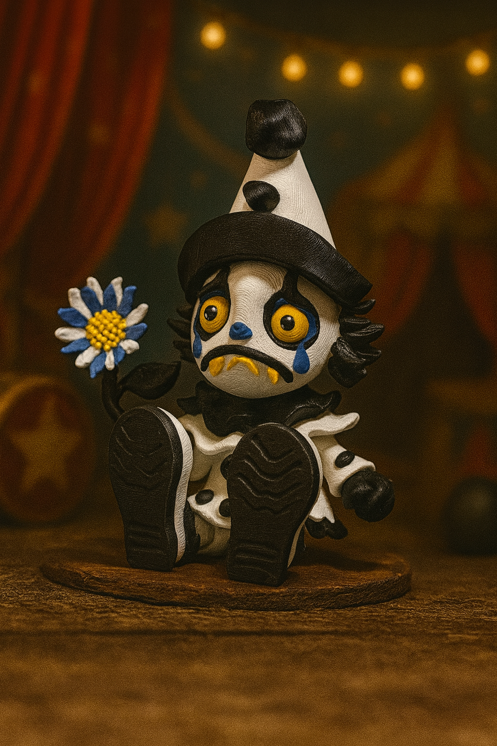 3D Printed Sad Clown Figurine – Black & White Harlequin Circus Collectible with Daisy