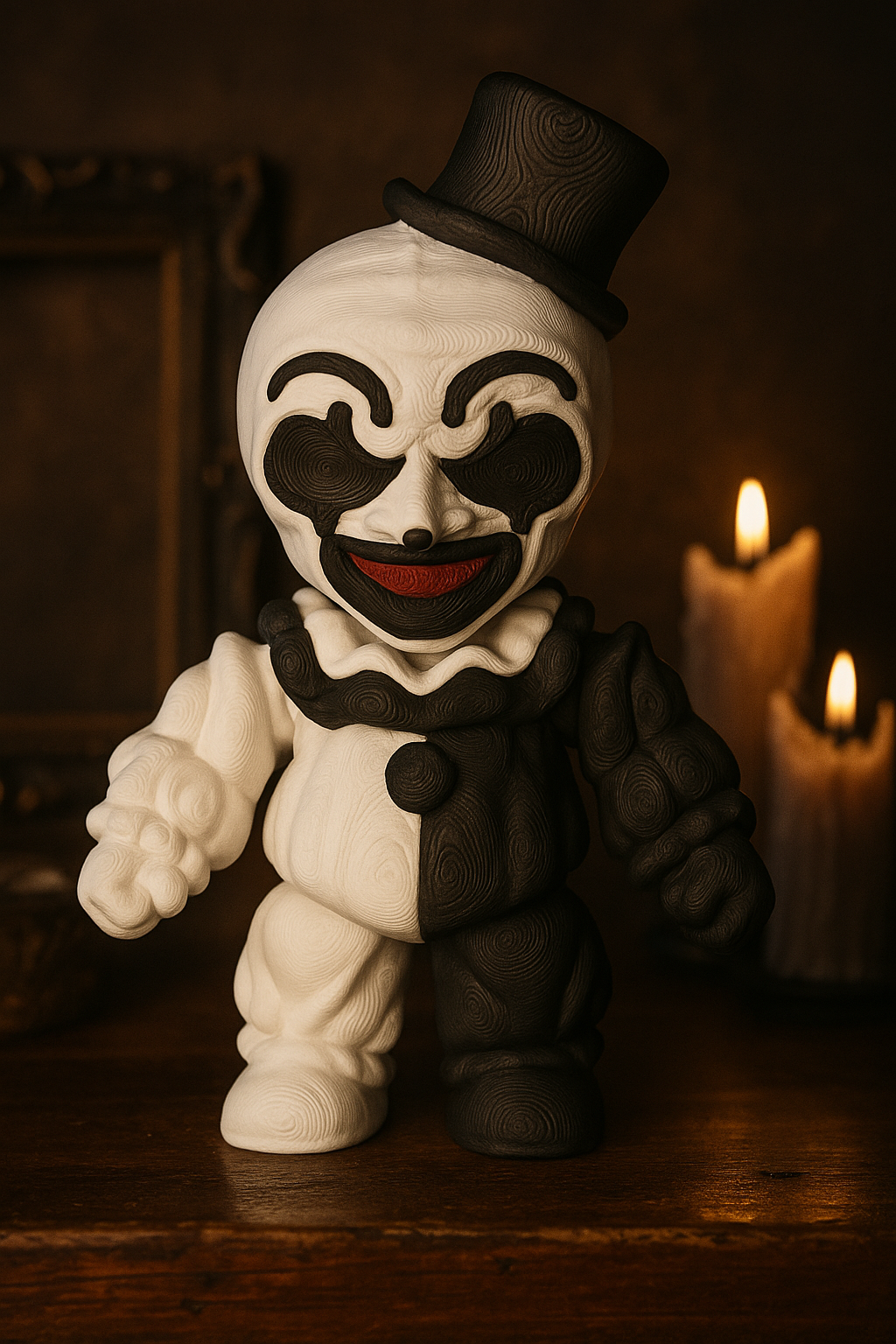 3D Printed Creepy Clown Figurine – Black & White Horror Collectible with Top Hat