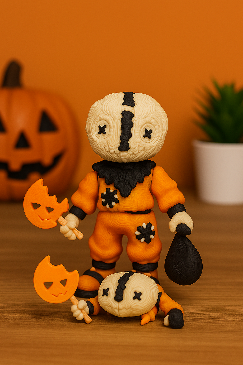 3D Printed Sam Halloween Figurine – Trick ’r Treat Collectible with Pumpkin Lollipop & Sack