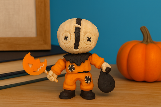 3D Printed Sam Halloween Figurine – Trick ’r Treat Collectible with Pumpkin Lollipop & Sack